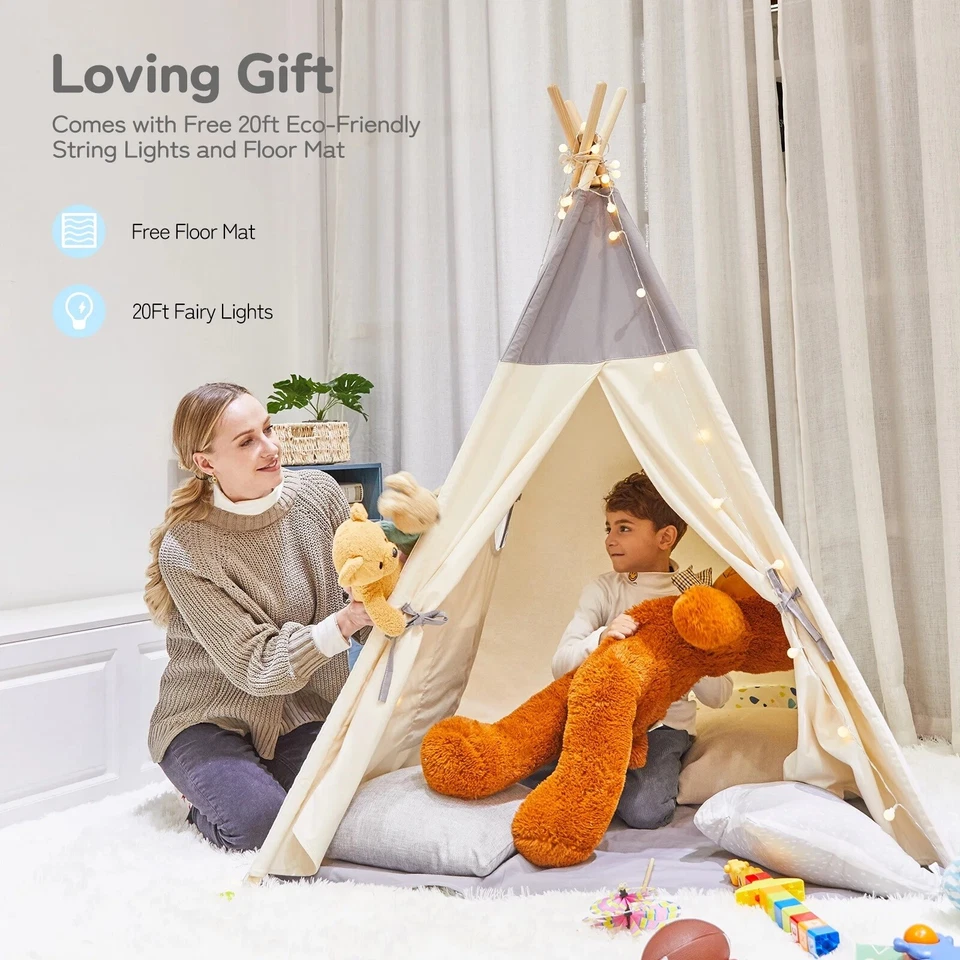 Besrey Kids Teepee Tent,Toddle Playhouse Tent with Lights & Mat Indoor Play Tent - Image 2 of 4