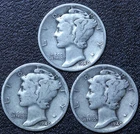1940 P D S (3 PIECE LOT) Mercury Silver Dimes CIRCULATED GOOD / VG FREE SHIPPING