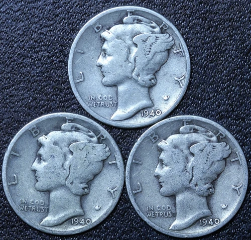 1940 P D S (3 PIECE LOT) Mercury Silver Dimes CIRCULATED GOOD / VG FREE SHIPPING