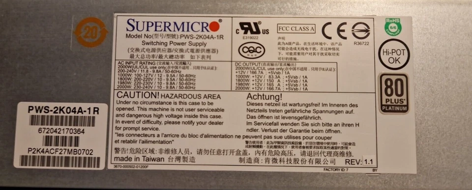 Netzteil PSU Supermicro PWS-2K04A-1R 2000W 1U Redundant Power Supply - Bild 2 von 4