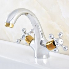 New Dual Handle Hot / Cold Tap Washbasin Mixer Sink Faucet Chrome Gold Finish