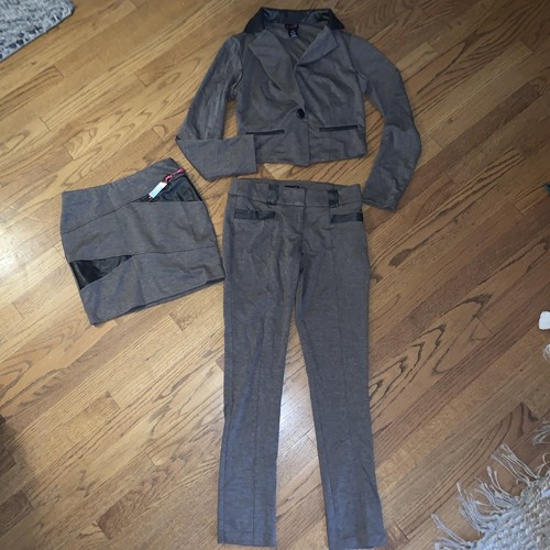 FLIRTATIOUS 3 Pc Suit NWT Jacket S Skirt M Pants Sz 3 Juniors Faux Leather Trim - Picture 3 of 12