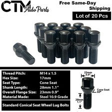 20x Black 14x1.5 Cone Seat Lug Bolts 28mm Shank Fit Mercedes Aftermarket Wheels