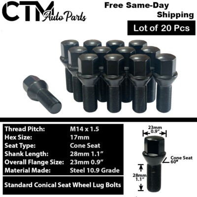 20x Black 14x1.5 Cone Seat Lug Bolts 28mm Shank Fit Mercedes Aftermarket Wheels