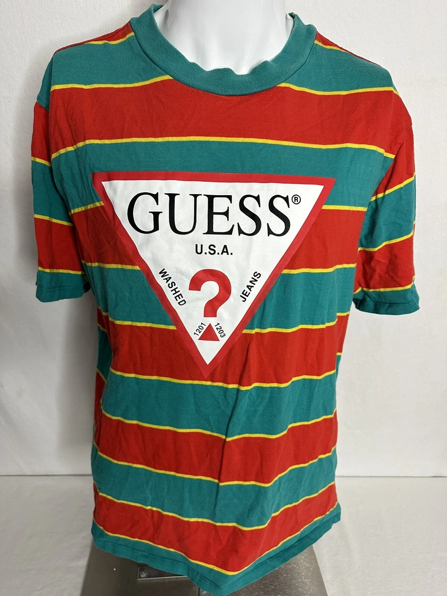 Guess USA Striped T Tee Shirt Large Wide Red Green