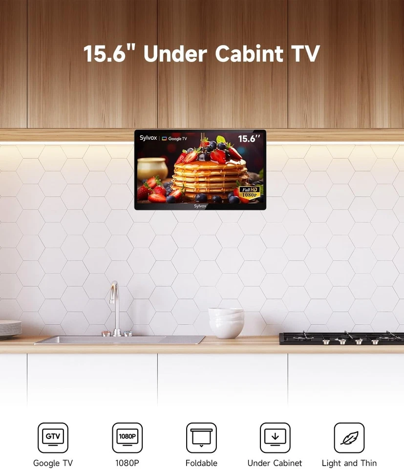 Sylvox 15.6'' Smart Under Cabinet TV Kitchen TV 1080P FHD Flip-Down 12vlot TV - Image 4 of 4