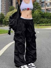 New Loose Black Pants Women Streetwear Pockets Cargo Trousers Wide Leg Baggy