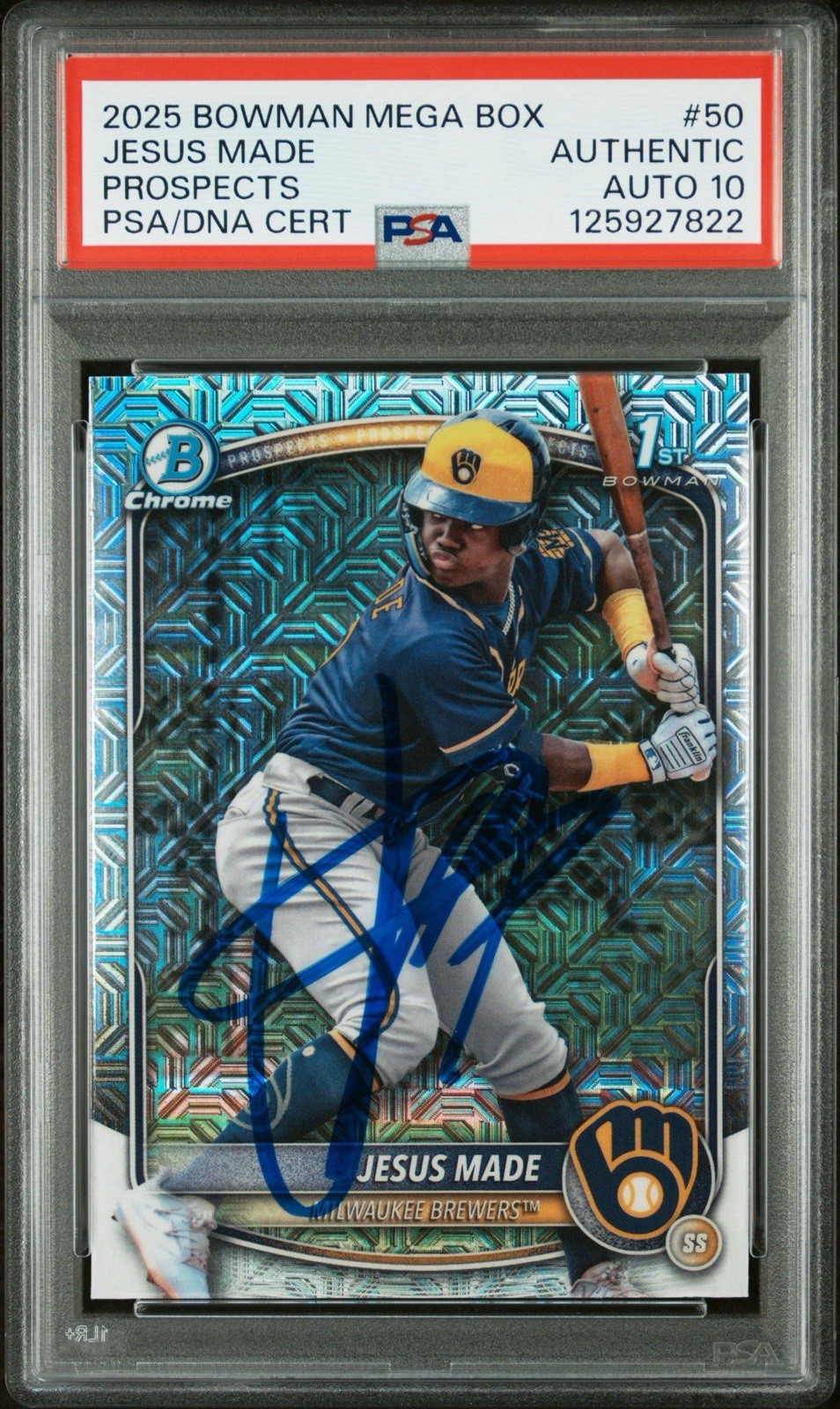 Jesus Made 2025 Bowman Chrome AUTO PSA 10 GEM MOJO REFRACTOR BREWERS #50