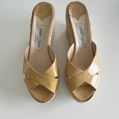 Jimmy Choo Tan  Patent Leather Espadrille Wedge Sandals Women's EU 39