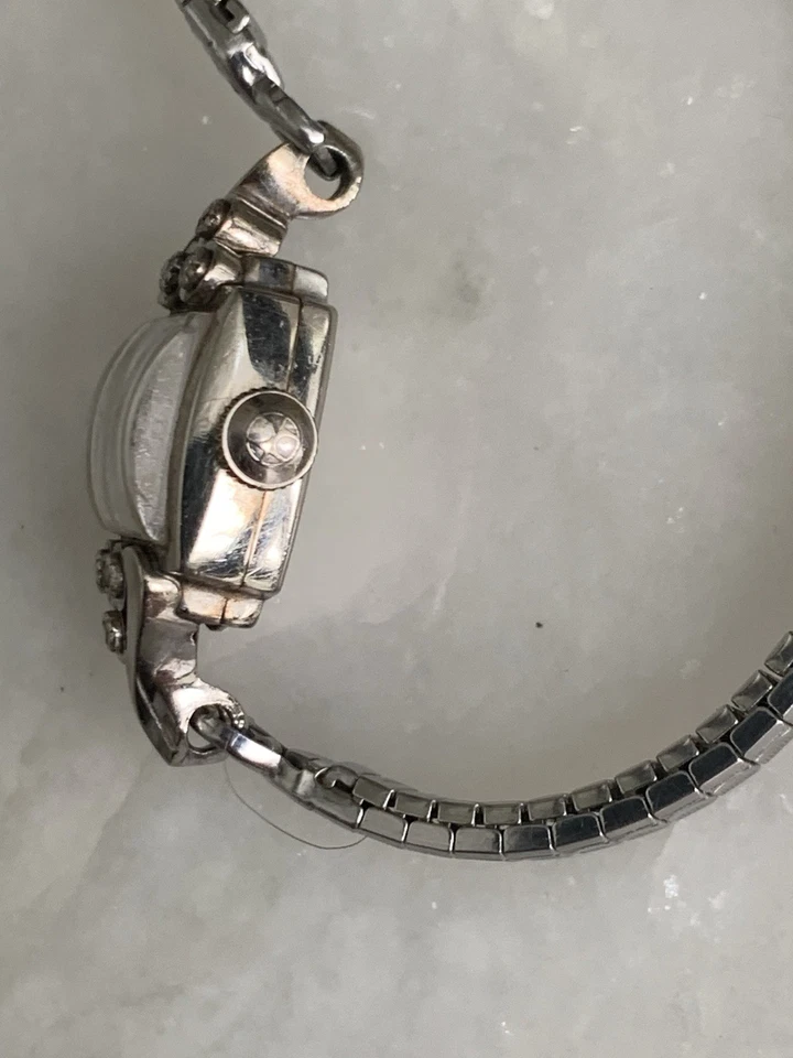 Hamilton 10K твердого белого золота 3 крошечные бриллианты BIGGS женские часы работает хорошо  - Изображение 4 из 4