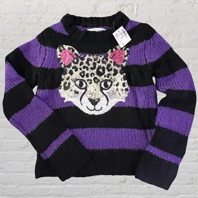 Justice Girls Purple Striped Sequins Leopard Sweater Size 5 Bling Winter NWT - Image 1 of 4