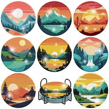 8 Pcs Landscape Round Diamond Painting Coasters Kits for Adults with Holder