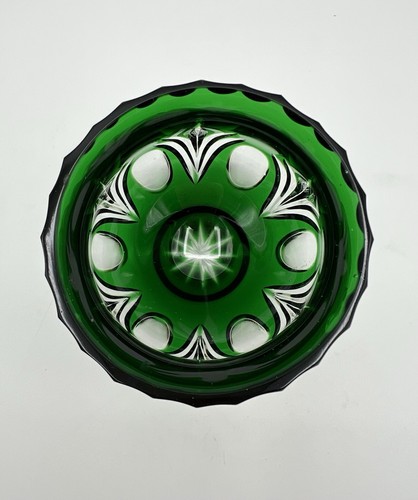 Bohemian Emerald Green Cut to Clear Crystal Votive Candle Holder 3" Vintage - Picture 4 of 6