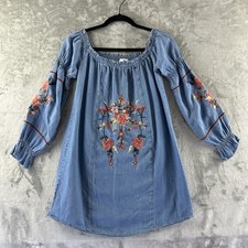 Socialite Shift Dress Women’s S Blue Chambray Colorful Embroidered Floral Design