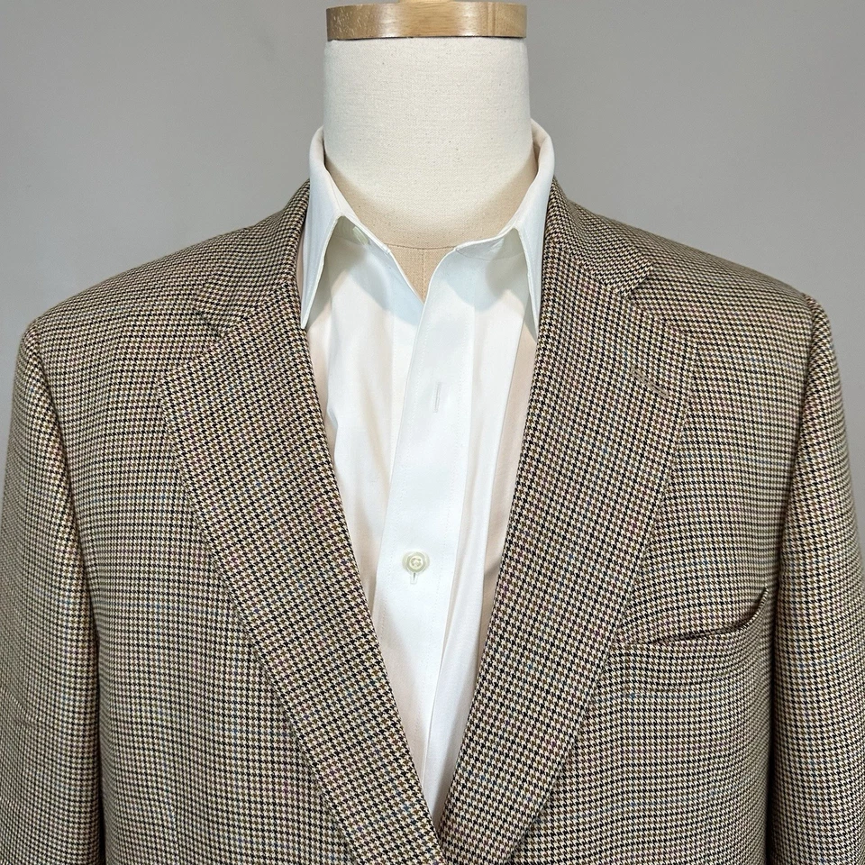 Blazer Paul Stuart lã de seda multicolorido marrom xadrez Houndstooth jaqueta esportiva 46R - Imagem 3 de 4