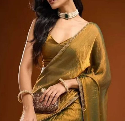 Solid Banarasi Chiffon Saree with Unstitched Blouse (Gold)