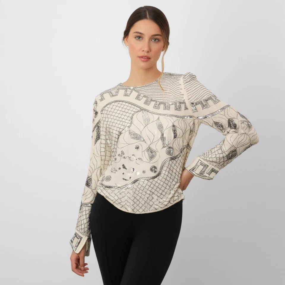 Top de mujer ARGENTI talla mediana blanco roto con cuentas lentejuelas vintage elegante Foto 2 de 4