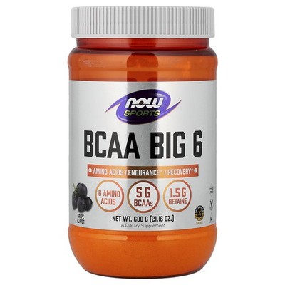 Now Foods Sports BCAA Big 6 Natural Grape Flavor 21 16 oz 600 g Caffeine-Free &
