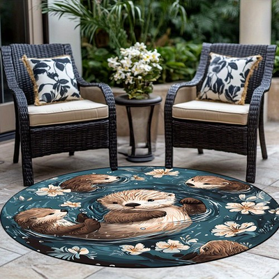 #ad 140cm*140cm1pc Water Otter Swimming Printed Pattern Round Area Mat Perfect for $31.99