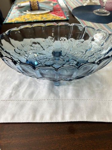 Vintage Indiana Glas Blaufuß Oval Obstschale Girlande Muster App 12”x9”x4”