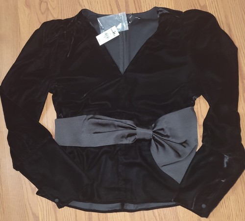 NWT Express Black Velvet Deep V-Neck Bow Accent Balloon Sleeve Top, Size M
