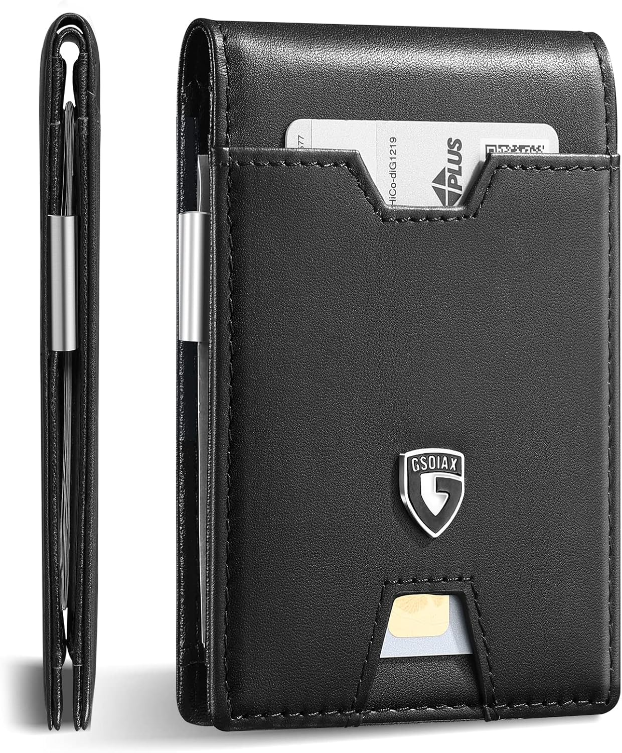 Slim RFID Blocking Mens Wallet with Money Clip - Genuine Leather Carbon