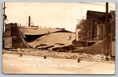 1933 RPPC LYNWOOD THEATRE EARTHQUAKE PIPE ORGAN COCA COLA SWEET SHOP California