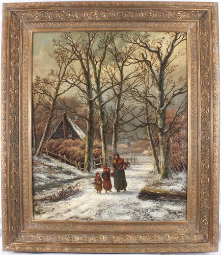 Hendrik Barend Koekkoek Antique Original Oil Painting Figures Snow Genre Signed