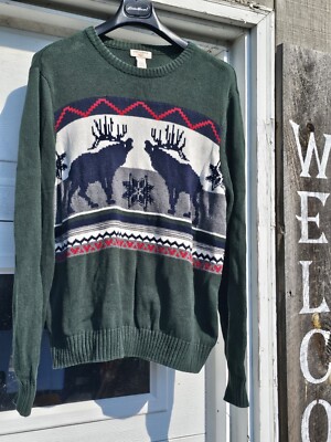 Mens Sweater Dockers Holiday Elk Deer Green Long Sleeve Crewneck sz L Large