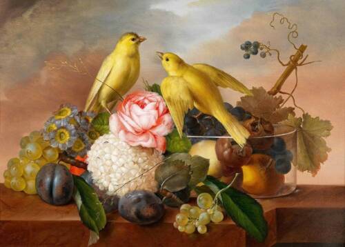 Yellow Birds Roses Flowers Fruit Still Life - Picture 1 of 1