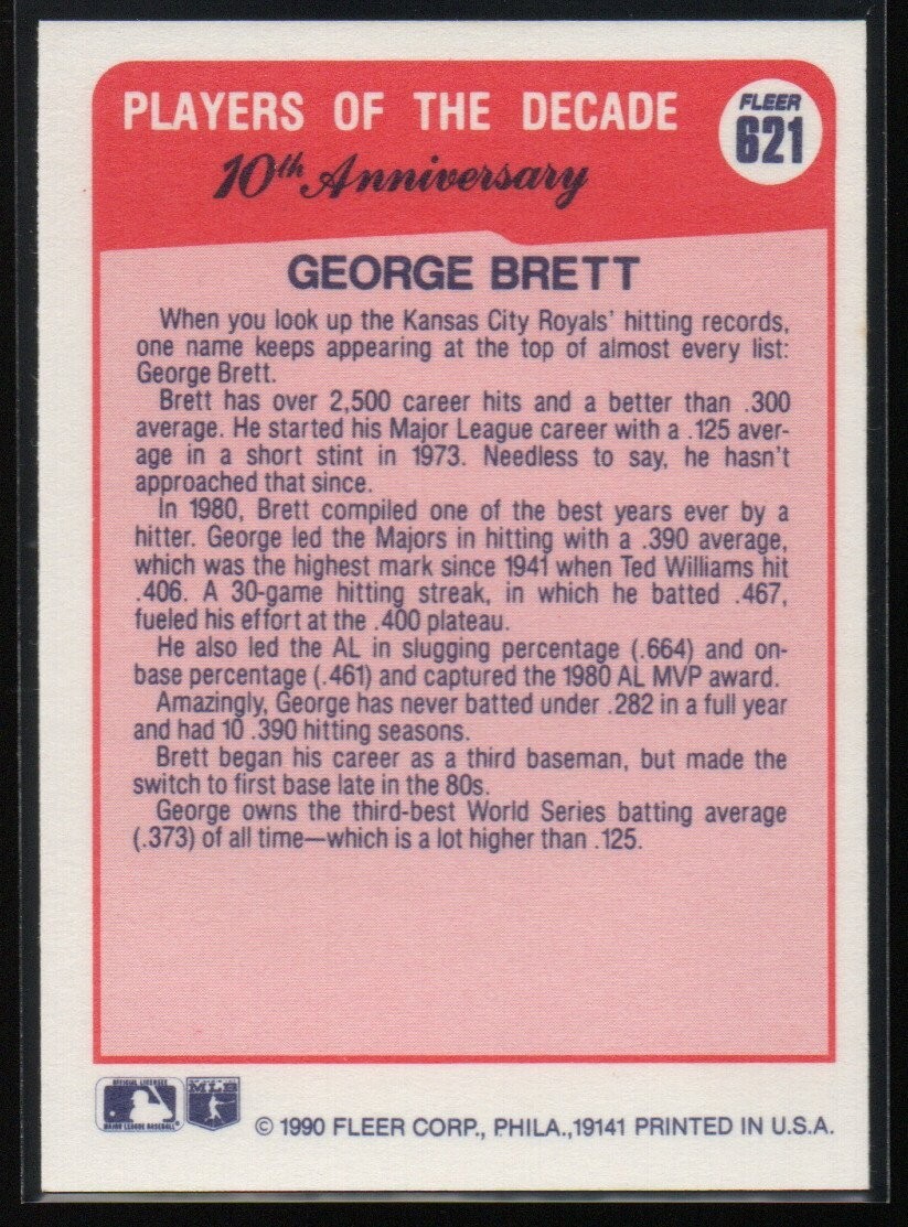 George Brett 1990 Fleer #621A Error Card! 