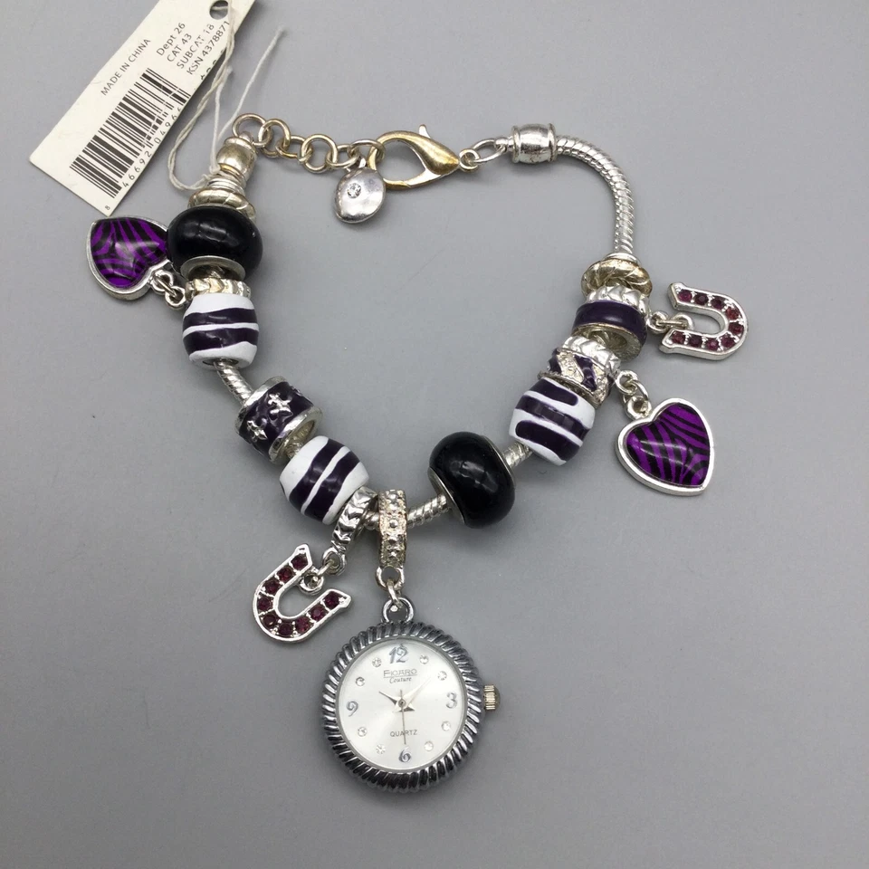 Reloj Figaro Couture Mujer 22mm Tono Plateado Púrpura Diapositiva Dije Banda Batería Nueva Foto 2 de 4