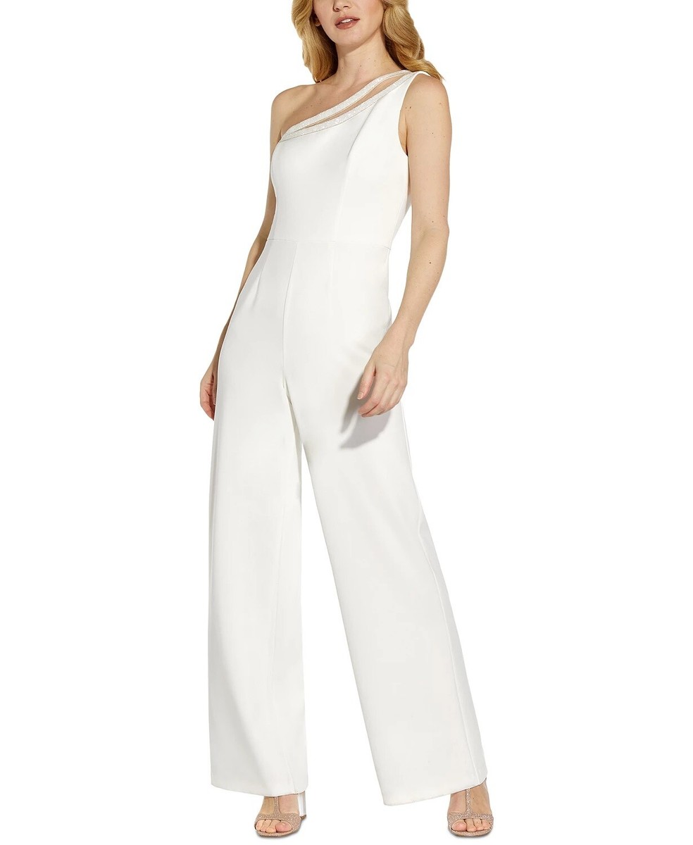 Adrianna Papell Embellished One-Shoulder Jumpsuit Ivory Size $229