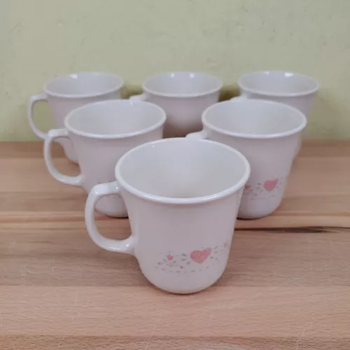 Set of 6 - Vintage Corelle Corning Ware FOREVER YOURS Coffee Cups Pink Heart