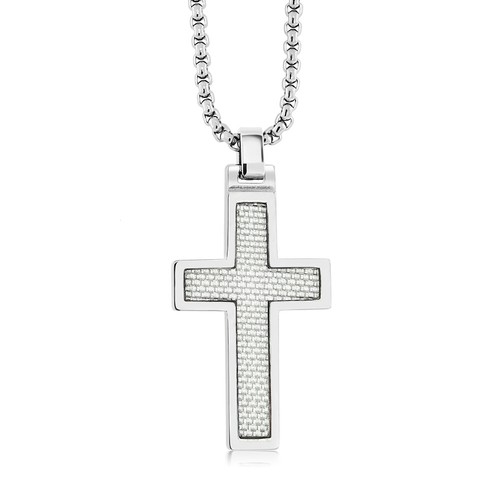 Cross Pendant Silver Carbon Fiber Inlay 