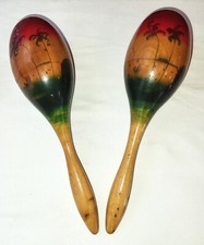 Vintage Pair of Hand Painted Caribbean Scene Wooden Maracas Musical Instrument