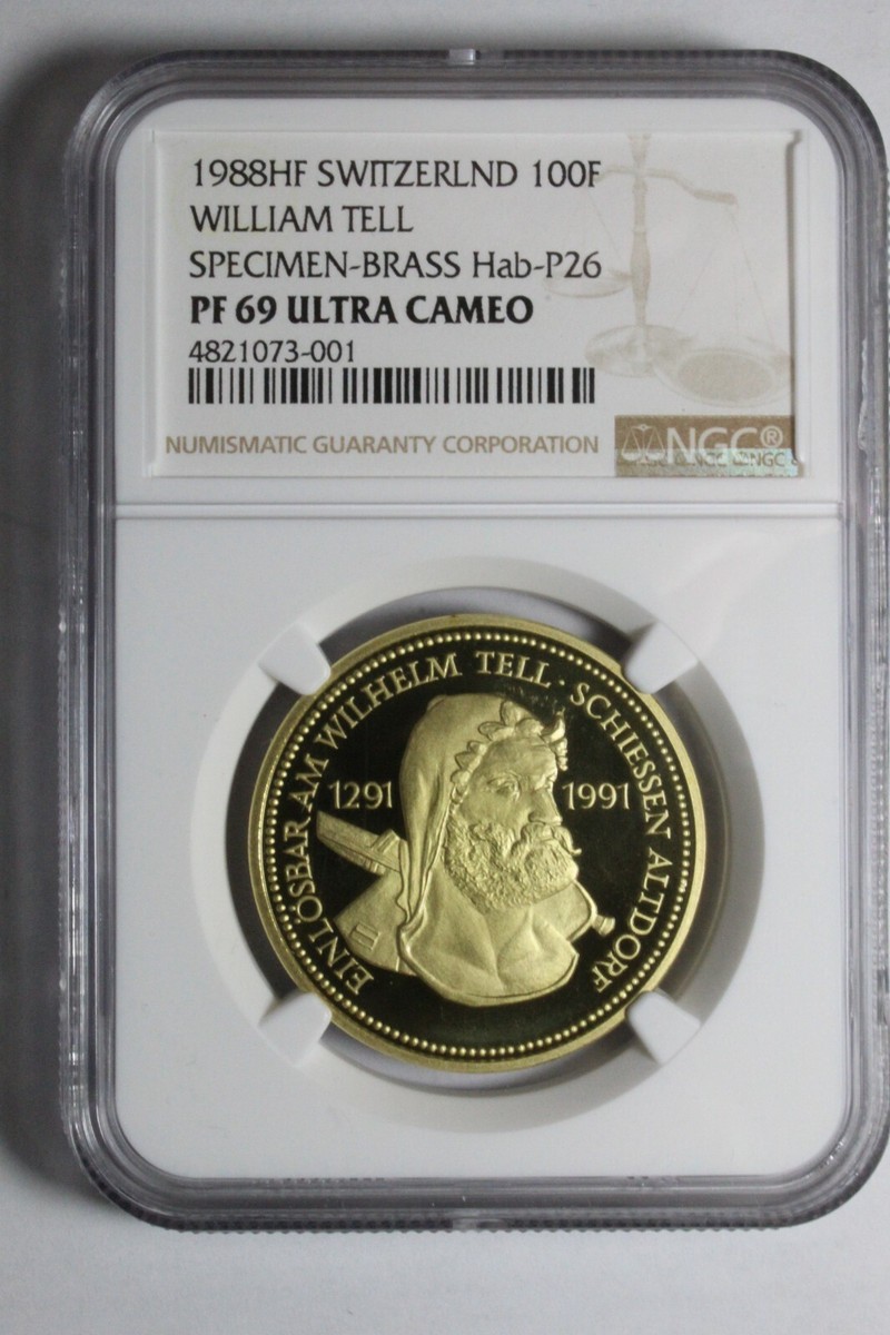 1988 Switzerland 100F Specimen Strike Wilhelm Tell Brass