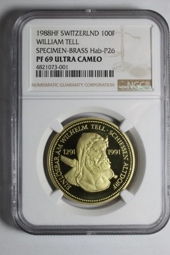 1988 Switzerland 100F Specimen Strike Wilhelm Tell Brass Coin Shooting PF69 NGC