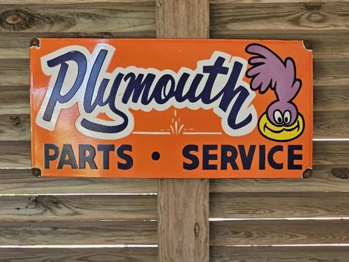 HUGE VINTAGE PLYMOUTH PARTS AND SERVICE ROADRUNNER PORCELAIN SIGN 30" X 15"