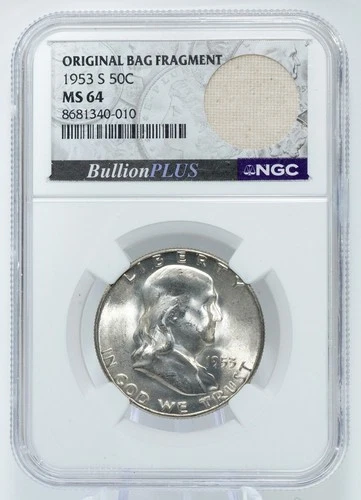 1953-S Franklin Half Dollar NGC MS 64 50C Silver Coin Original Bag Fragment Slab