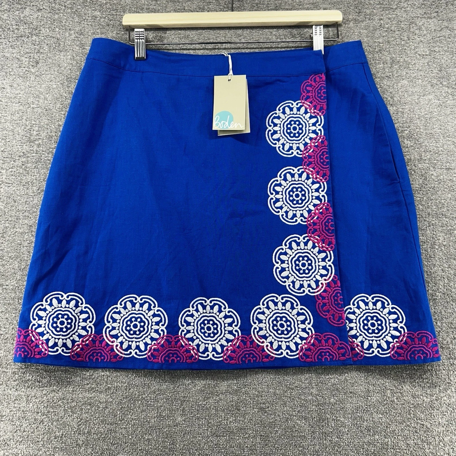 Boden Mini Wrap Skirt Women Size 12 Blue Embroidery Casual Linen Blend