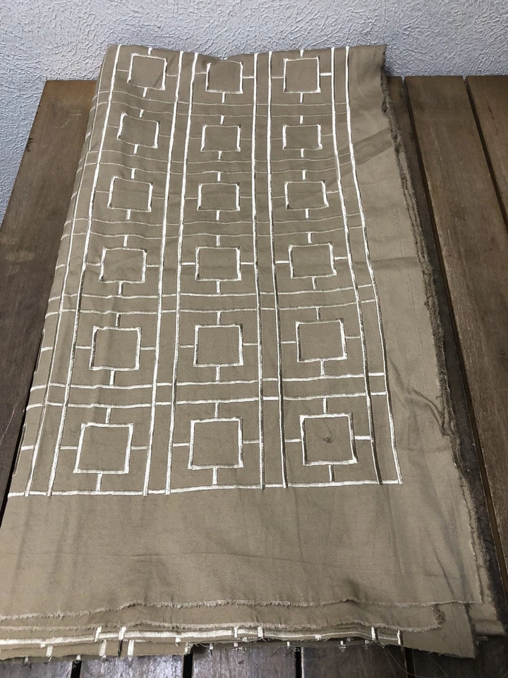 Maxwell Geometric Squares Embroidery Trellis Fabric Grand Central Tan 60x3Yd New - Image 3 of 4