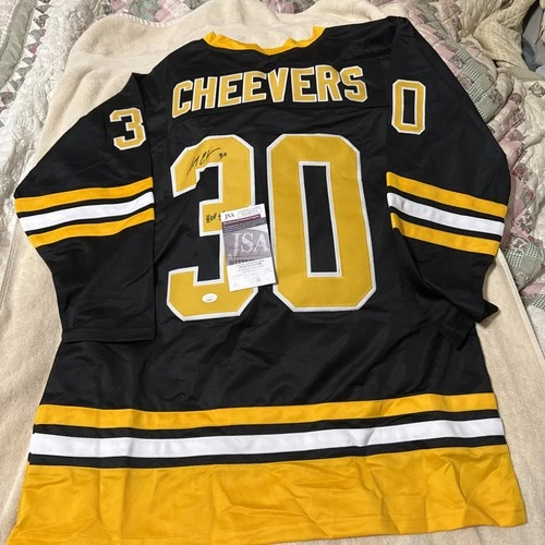 Autographed/Signed GERRY CHEEVERS HOF 85 Boston Black Hockey Jersey JSA COA