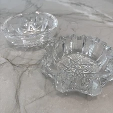 2 heavy thick art glass ashtrays chipped as shown