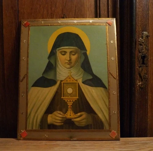 Antique reliquary old print of Saint Clara of Assisi Convent Nun's work 4 relics