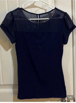 EXPRESS Top Womens Small Sm S Blue Mesh Sheer Detail Blouse Shirt
