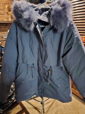 Blue Grey Winter Parka Faux fur Hood Large