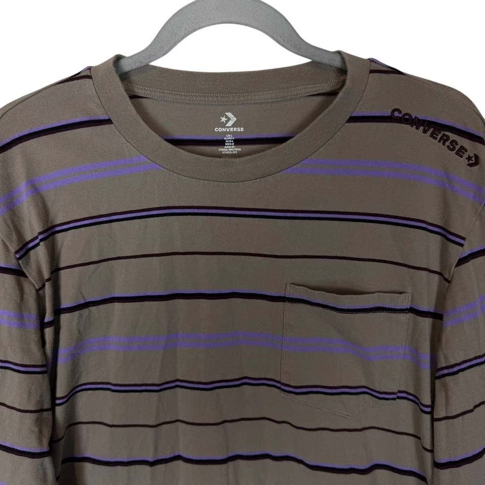 Camisa Converse Para Hombre Grande Gris Púrpura Rayas Algodón Logo Manga Larga Pullover Foto 3 de 4