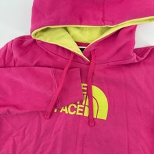 The North Face Hoodie Womens M Pink Yellow Logo Pullover Fleece Kangaroo Pocket