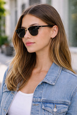 Black Browline Clubmaster Style Sunglasses Gold Metal Frame Unisex New